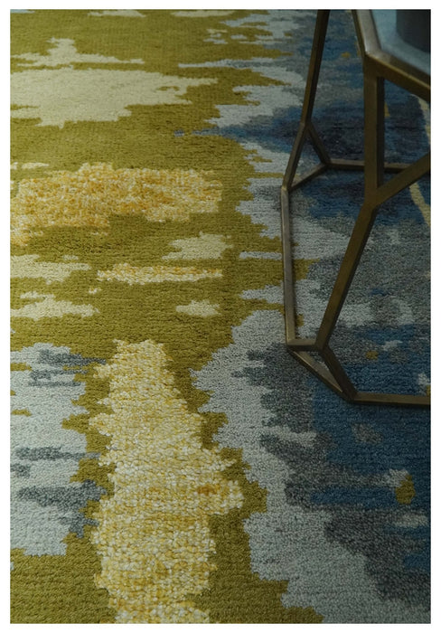 Modern Abstract Olive, Silver, Blue and Charcoal 5x8 Hand Knotted wool Area Rug