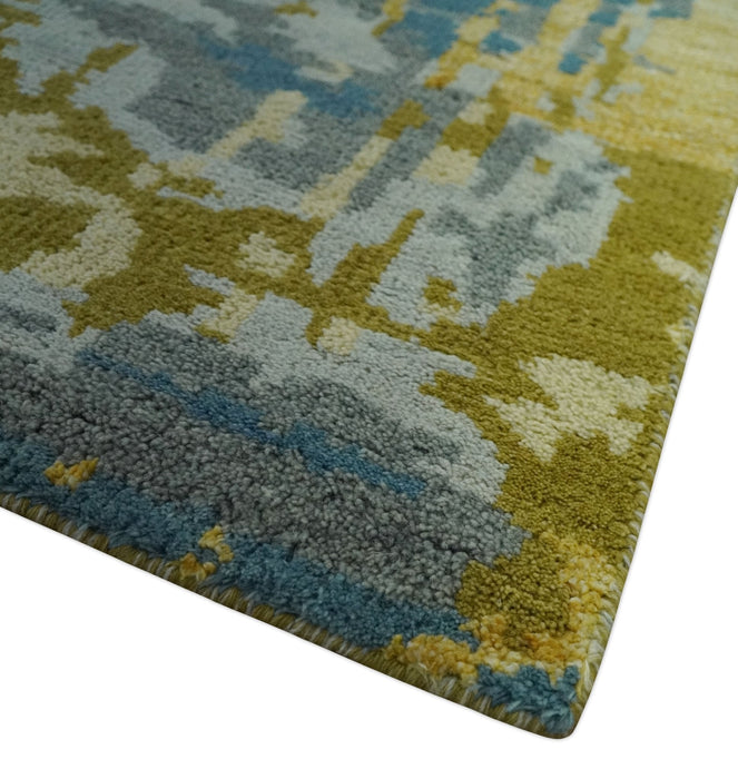 Modern Abstract Olive, Silver, Blue and Charcoal 5x8 Hand Knotted wool Area Rug