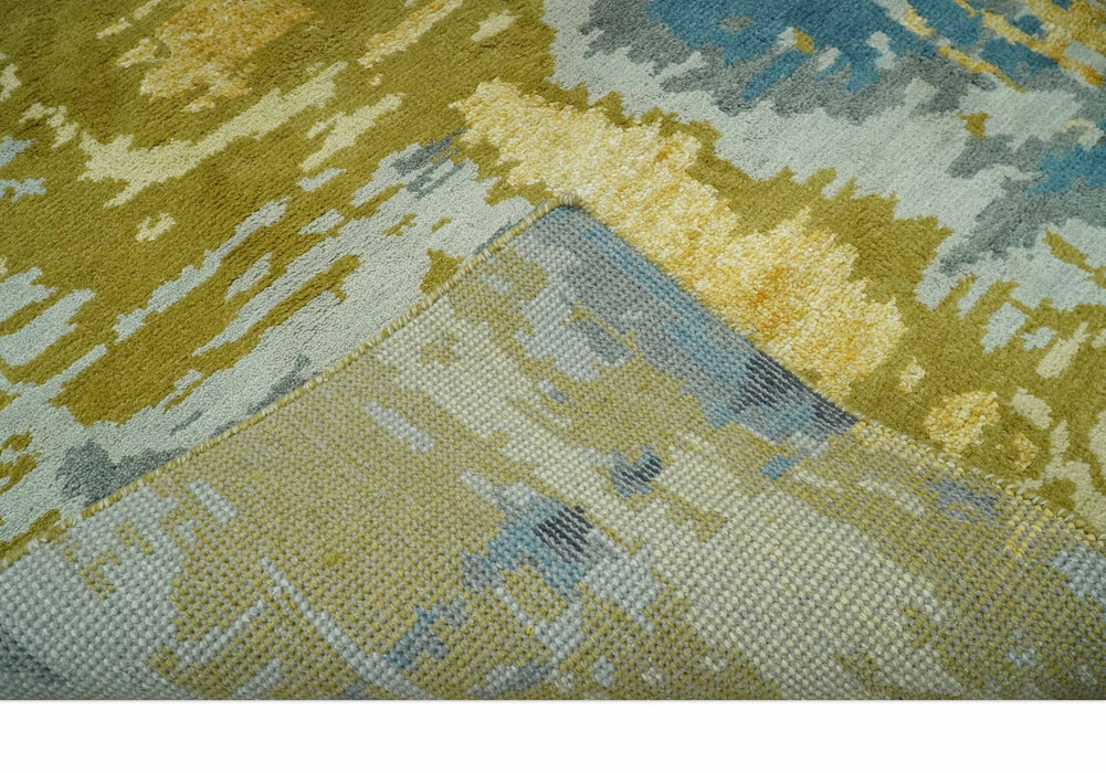Modern Abstract Olive, Silver, Blue and Charcoal 5x8 Hand Knotted wool Area Rug