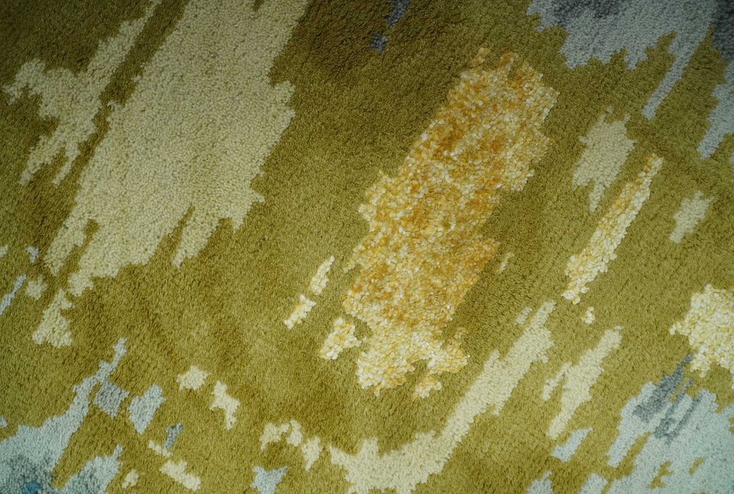 Modern Abstract Olive, Silver, Blue and Charcoal 5x8 Hand Knotted wool Area Rug