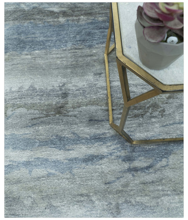 Modern Abstract Pattern Blue And Silver Hand Knotted 4x6 Bamboo Silk Area Rug