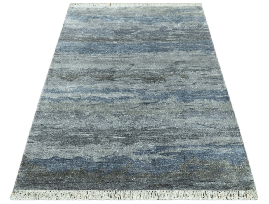 Modern Abstract Pattern Blue And Silver Hand Knotted 4x6 Bamboo Silk Area Rug