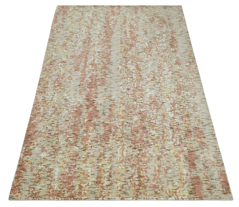 Modern Abstract Peach, Ivory, Gold and Charcoal Hand loom 5x8 Wool and Viscose Area Rug