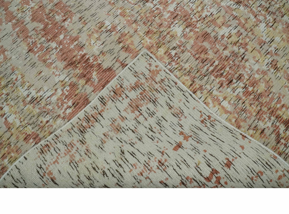 Modern Abstract Peach, Ivory, Gold and Charcoal Hand loom 5x8 Wool and Viscose Area Rug