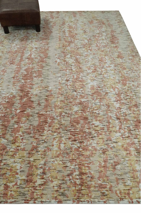 Modern Abstract Peach, Ivory, Gold and Charcoal Hand loom 5x8 Wool and Viscose Area Rug