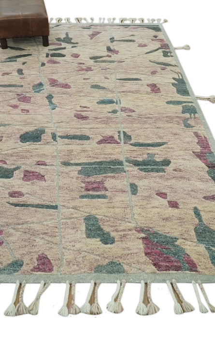 Modern Abstract Pink, Purple, Beige and Green Hand Knotted 5x8 wool Area Rug