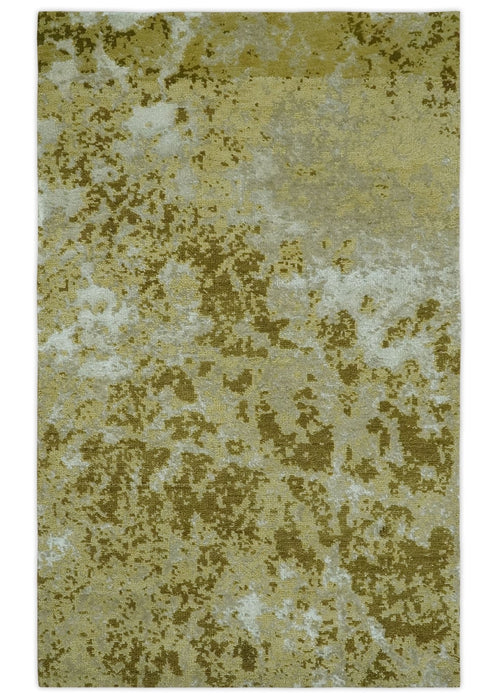 Modern Abstract Shades of Olive and Silver 5x8 Hand knotted wool and art silk area rug