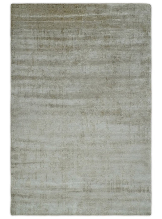 Modern Abstract Silver and Olive Hand knotted 6x9 Bamboo Silk Area Rug