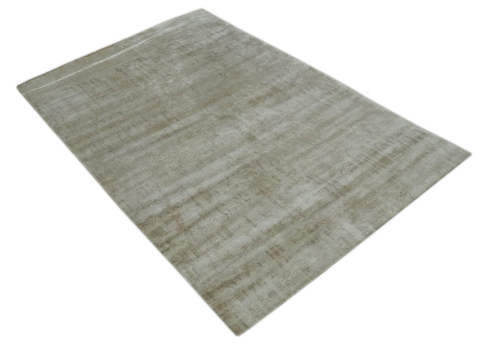 Modern Abstract Silver and Olive Hand knotted 6x9 Bamboo Silk Area Rug