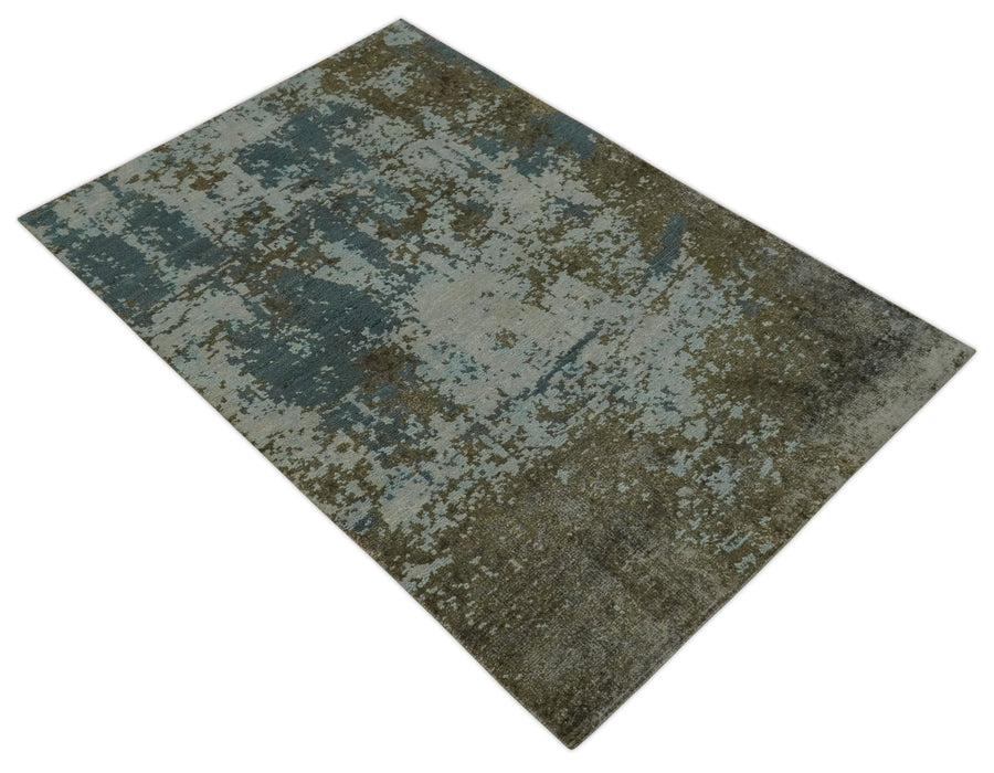 Modern Abstract Silver, Gray, Olive and Tan Hand Knotted 5x8 wool Area Rug