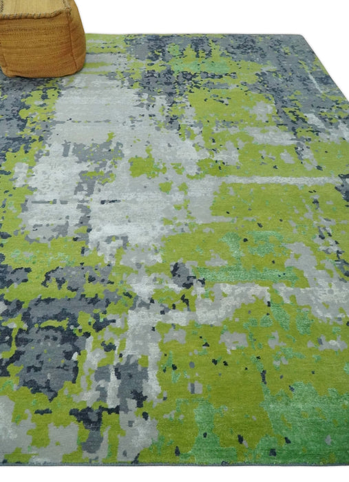 Modern Abstract Silver, Green and Gray Hand Knotted 8x10 Wool and Bamboo Silk Area Rug