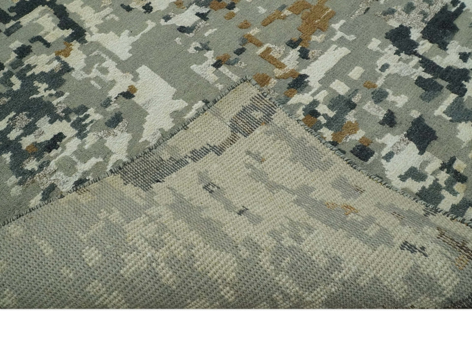 Modern Abstract Silver, Ivory, Charcoal and Olive Hand Knotted 5.6x8 wool Area Rug