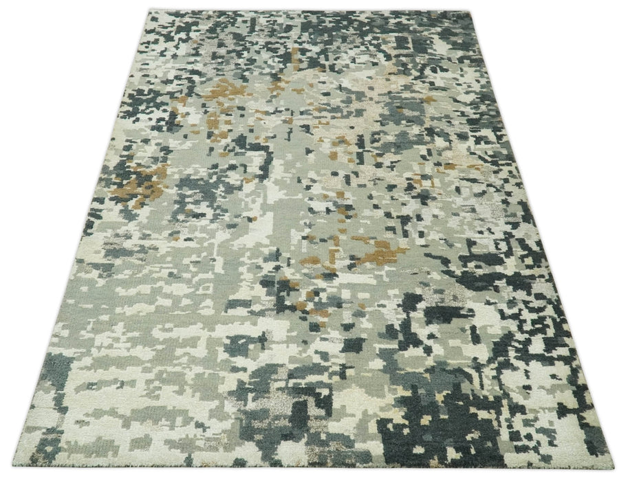 Modern Abstract Silver, Ivory, Charcoal and Olive Hand Knotted 5.6x8 wool Area Rug