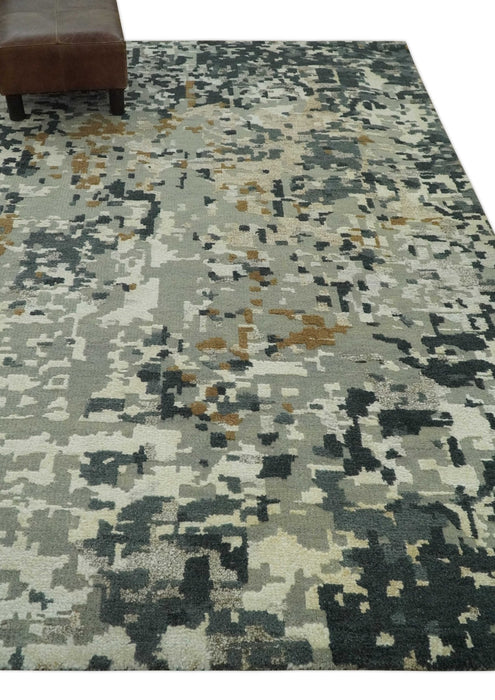 Modern Abstract Silver, Ivory, Charcoal and Olive Hand Knotted 5.6x8 wool Area Rug