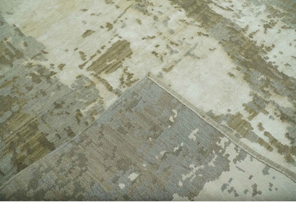 Modern Abstract Silver, Olive and Gray Hand loom 6x9 wool and Viscose Area Rug