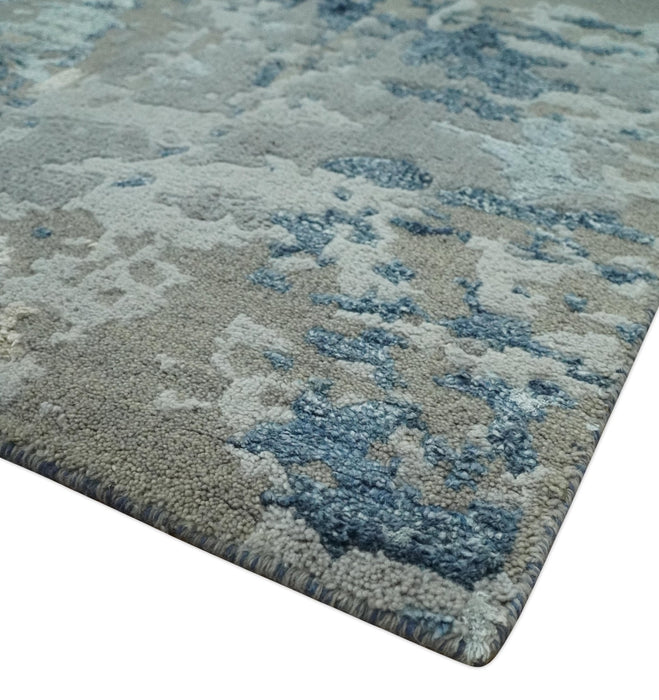 Modern Abstract Taupe, Aqua, Blue and Gray Hand Knotted 5x8 wool Area Rug