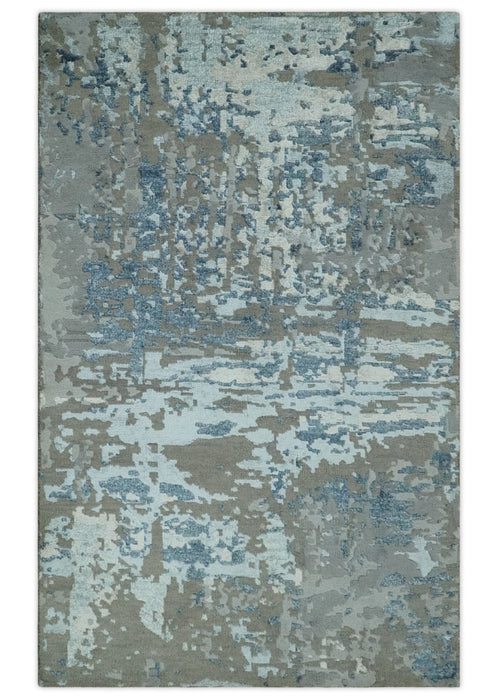 Modern Abstract Taupe, Aqua, Blue and Gray Hand Knotted 5x8 wool Area Rug
