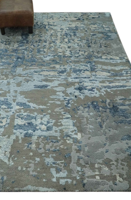 Modern Abstract Taupe, Aqua, Blue and Gray Hand Knotted 5x8 wool Area Rug