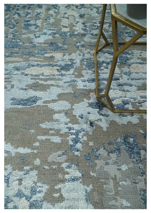 Modern Abstract Taupe, Aqua, Blue and Gray Hand Knotted 5x8 wool Area Rug