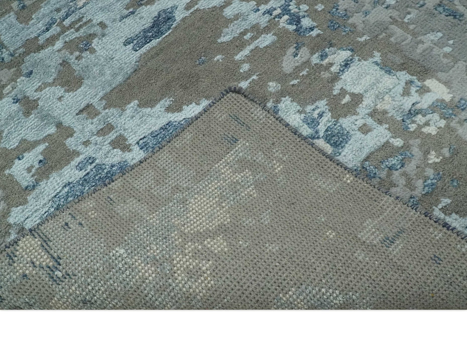 Modern Abstract Taupe, Aqua, Blue and Gray Hand Knotted 5x8 wool Area Rug