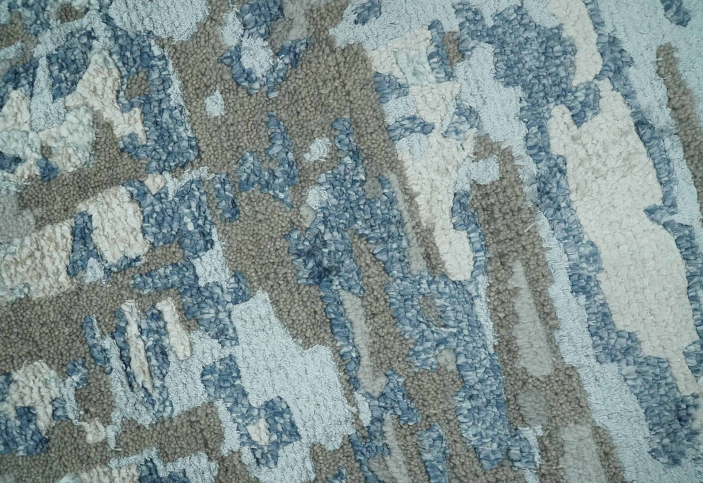 Modern Abstract Taupe, Aqua, Blue and Gray Hand Knotted 5x8 wool Area Rug