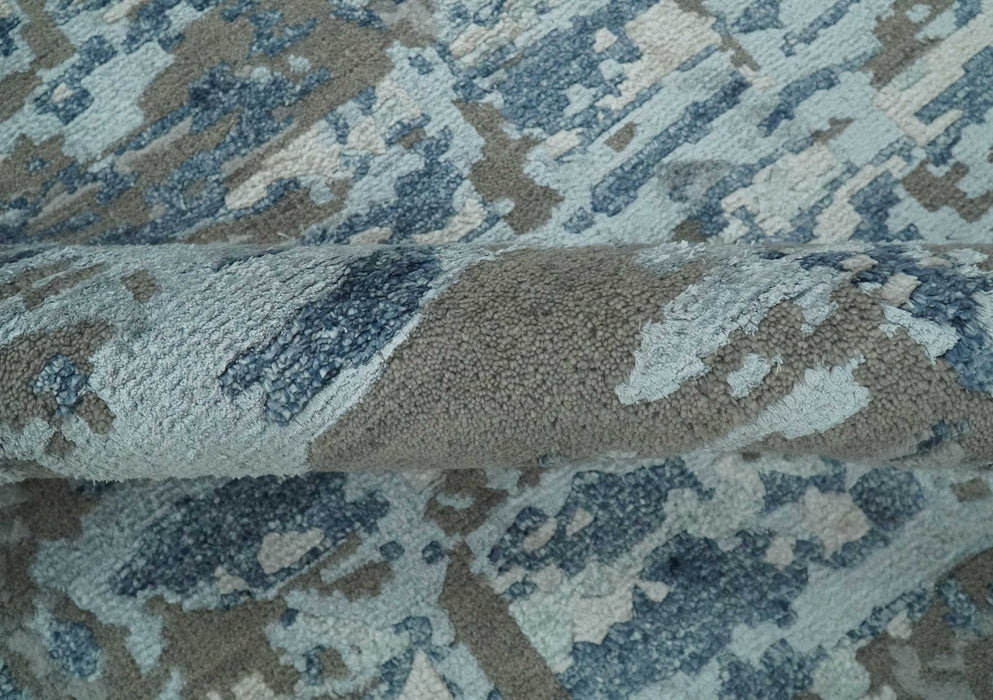 Modern Abstract Taupe, Aqua, Blue and Gray Hand Knotted 5x8 wool Area Rug