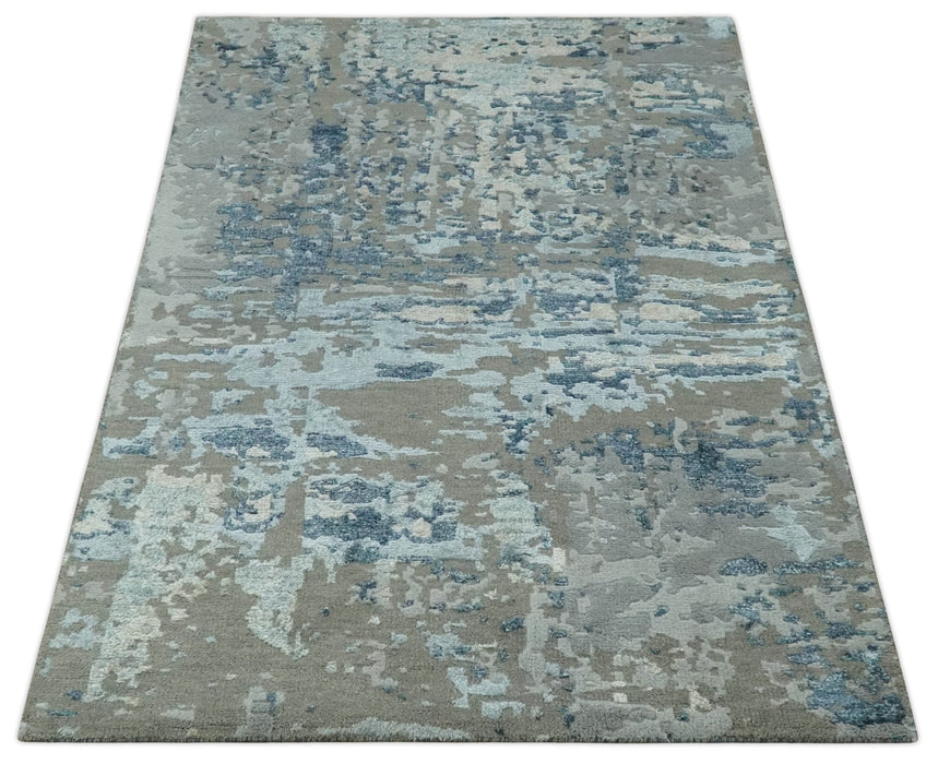 Modern Abstract Taupe, Aqua, Blue and Gray Hand Knotted 5x8 wool Area Rug