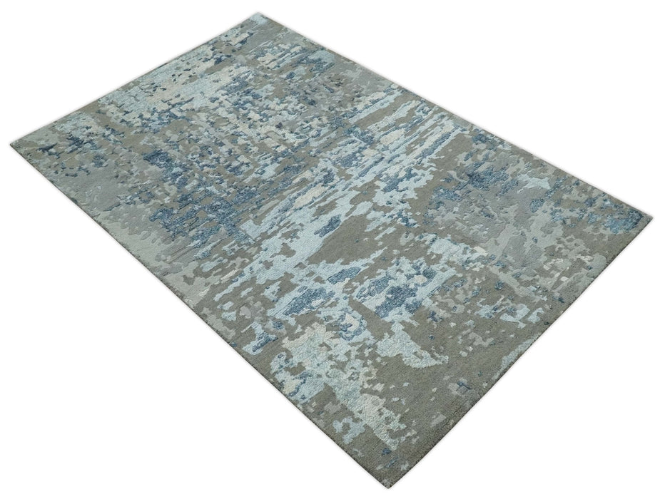 Modern Abstract Taupe, Aqua, Blue and Gray Hand Knotted 5x8 wool Area Rug