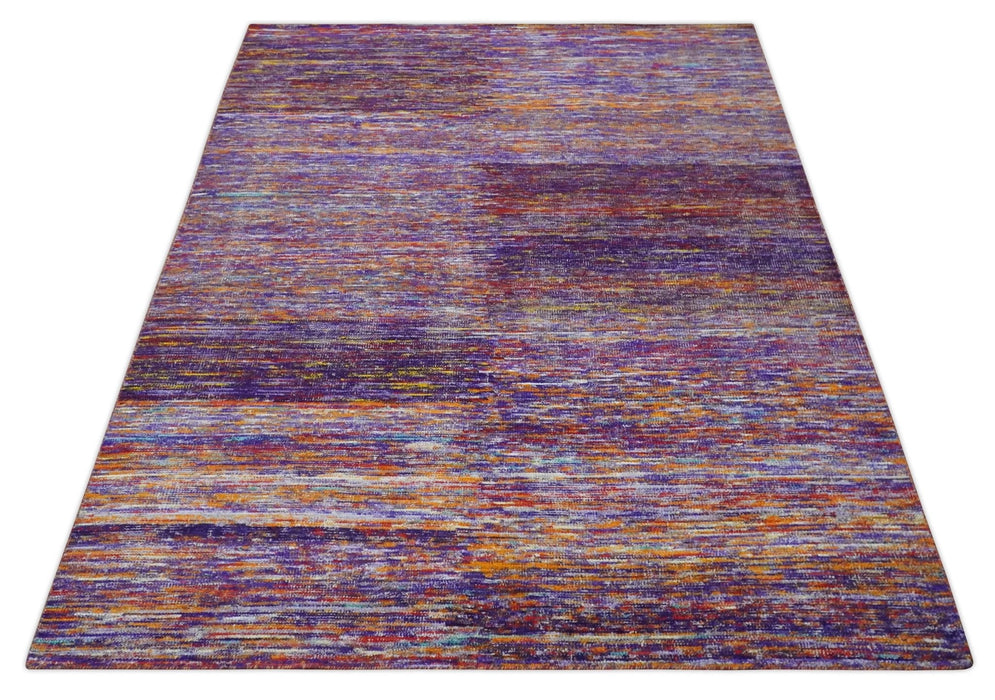 Modern Abstract Vibrant Colorful Violet, Gold, Rust and Ivory Hand knotted Flat Woven 8x10 wool Area Rug