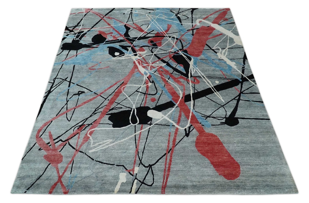 Modern Artistic Rug 8x10 Gray, Blue, Rust and Black Abstract Hand Knotted Bamboo Silk Area Rug