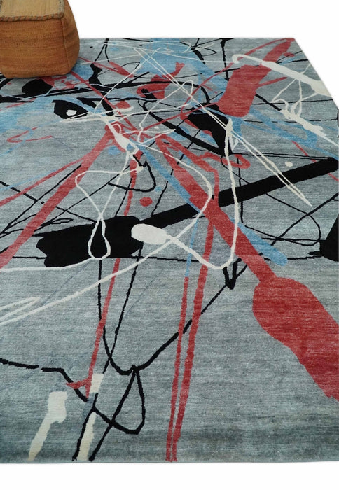 Modern Artistic Rug 8x10 Gray, Blue, Rust and Black Abstract Hand Knotted Bamboo Silk Area Rug