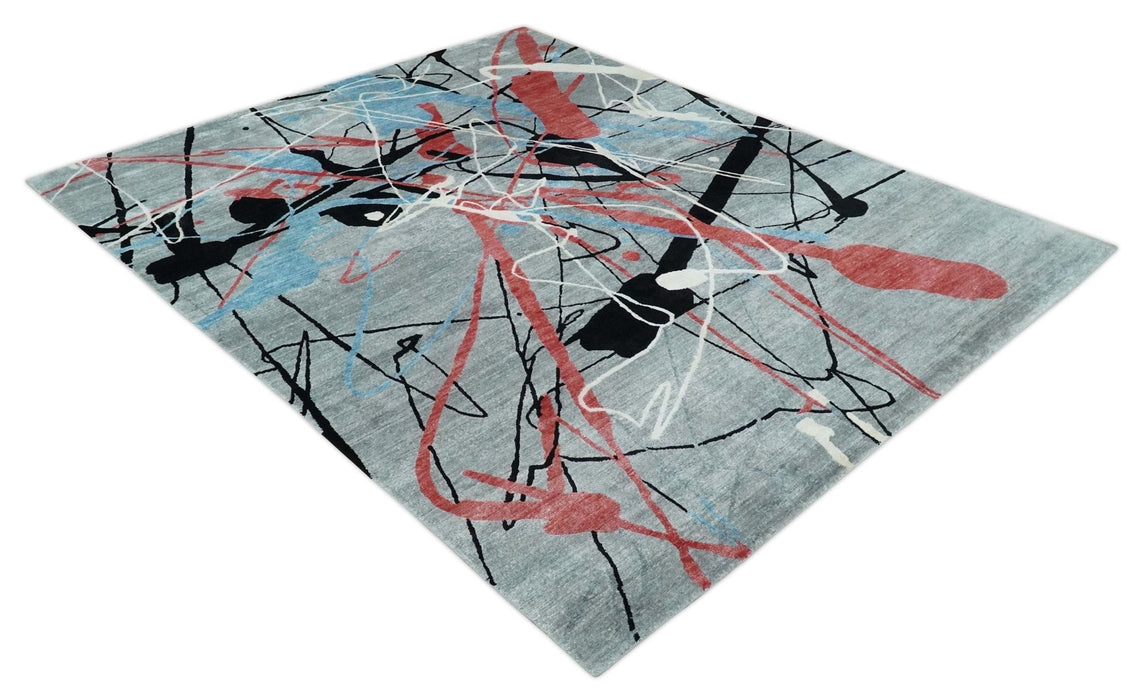 Modern Artistic Rug 8x10 Gray, Blue, Rust and Black Abstract Hand Knotted Bamboo Silk Area Rug