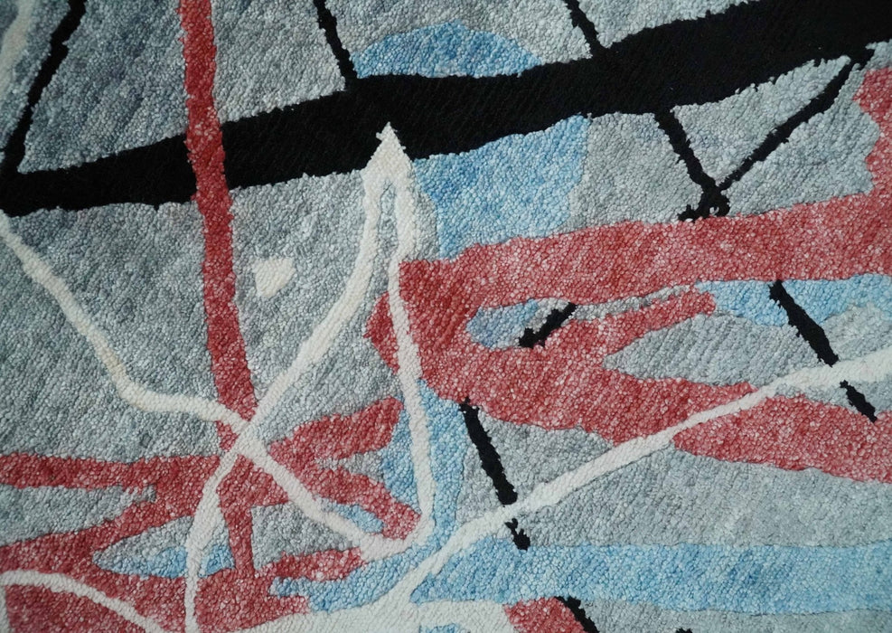 Modern Artistic Rug 8x10 Gray, Blue, Rust and Black Abstract Hand Knotted Bamboo Silk Area Rug