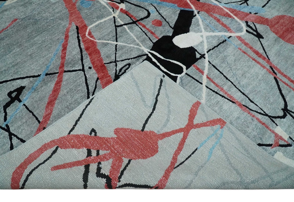 Modern Artistic Rug 8x10 Gray, Blue, Rust and Black Abstract Hand Knotted Bamboo Silk Area Rug