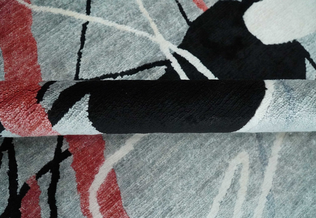 Modern Artistic Rug 8x10 Gray, Blue, Rust and Black Abstract Hand Knotted Bamboo Silk Area Rug