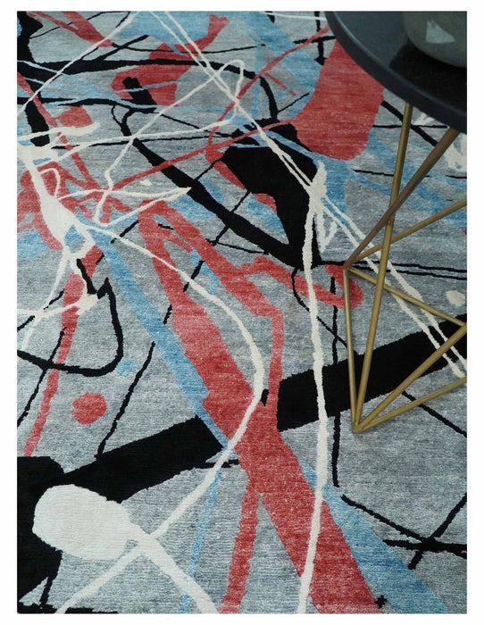 Modern Artistic Rug 8x10 Gray, Blue, Rust and Black Abstract Hand Knotted Bamboo Silk Area Rug