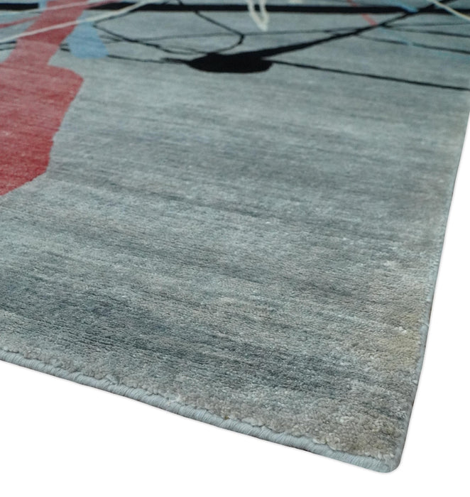 Modern Artistic Rug 8x10 Gray, Blue, Rust and Black Abstract Hand Knotted Bamboo Silk Area Rug
