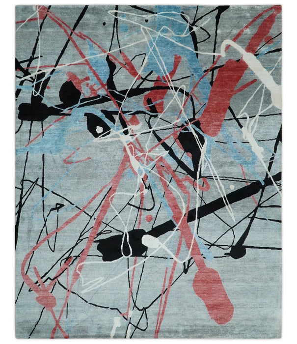 Modern Artistic Rug 8x10 Gray, Blue, Rust and Black Abstract Hand Knotted Bamboo Silk Area Rug