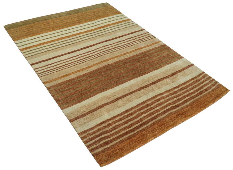Modern Chic 6x8 Beige, Rust and Brown Stripes Hand Tufted Wool Area Rug
