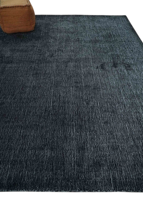 Modern Classic 8x10 Solid Plain Black and Silver Blended Hand Loomed Modern Scandinavian Art Silk Area Rug