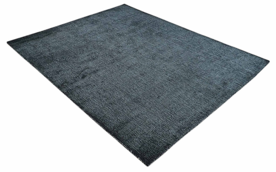 Modern Classic 8x10 Solid Plain Black and Silver Blended Hand Loomed Modern Scandinavian Art Silk Area Rug