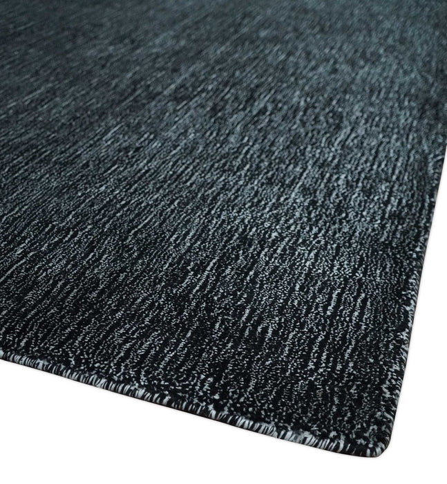 Modern Classic 8x10 Solid Plain Black and Silver Blended Hand Loomed Modern Scandinavian Art Silk Area Rug