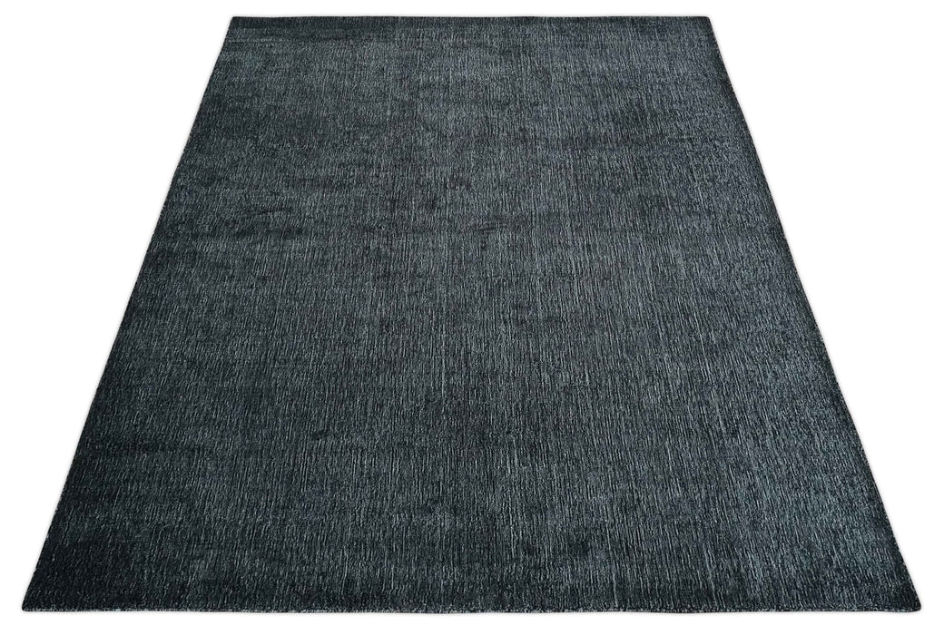 Modern Classic 8x10 Solid Plain Black and Silver Blended Hand Loomed Modern Scandinavian Art Silk Area Rug