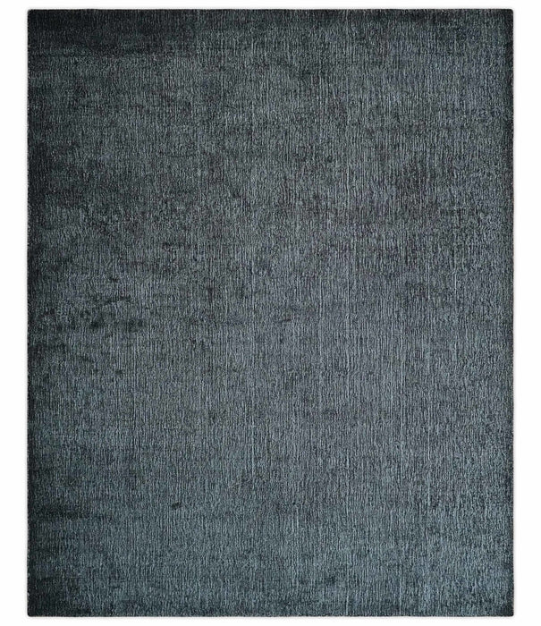 Modern Classic 8x10 Solid Plain Black and Silver Blended Hand Loomed Modern Scandinavian Art Silk Area Rug