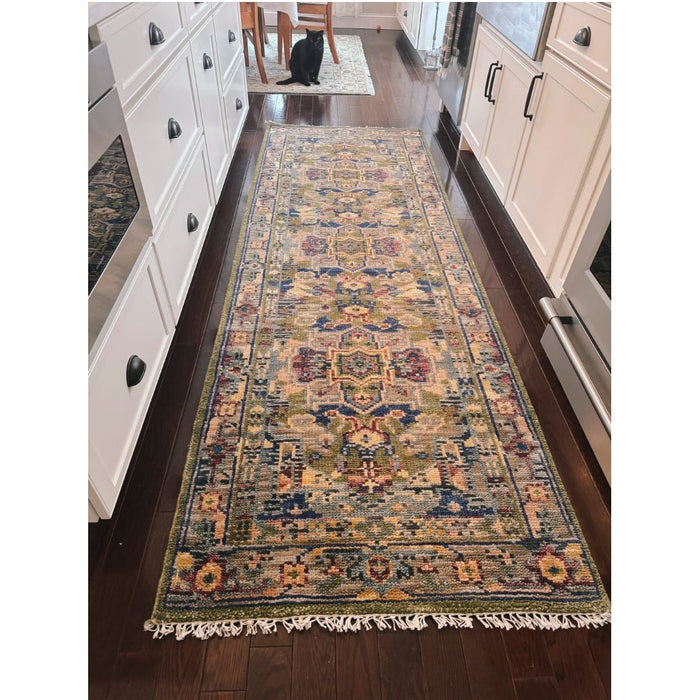 Modern Colorful Moss Green, Blue and Silver Traditional Turkish Design Heriz Wool Area Rug