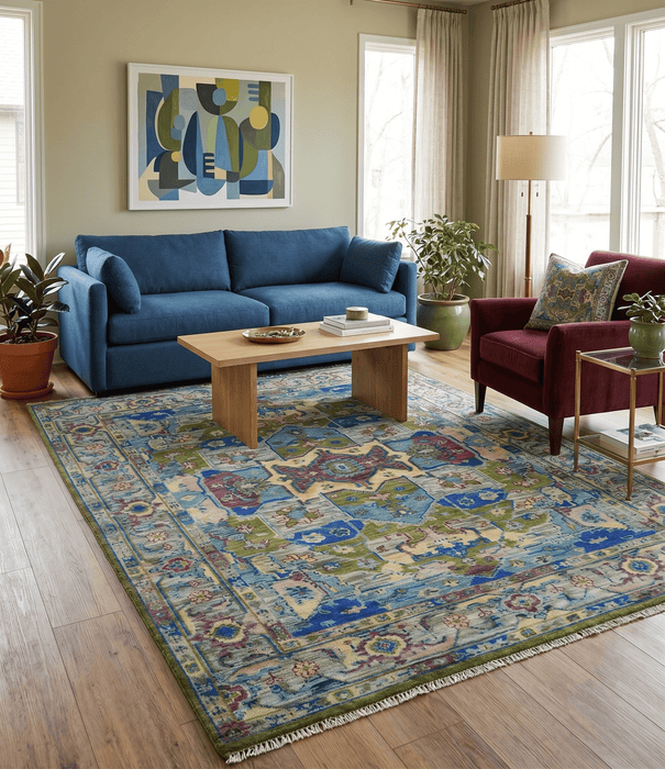 Modern Colorful Moss Green, Blue and Silver Traditional Turkish Design Heriz Wool Area Rug