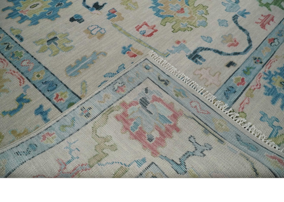 Vibrant Colorful Ivory and Aqua Hand Knotted Traditional Oushak Multi Size Wool Area Rug, Living Room Rug