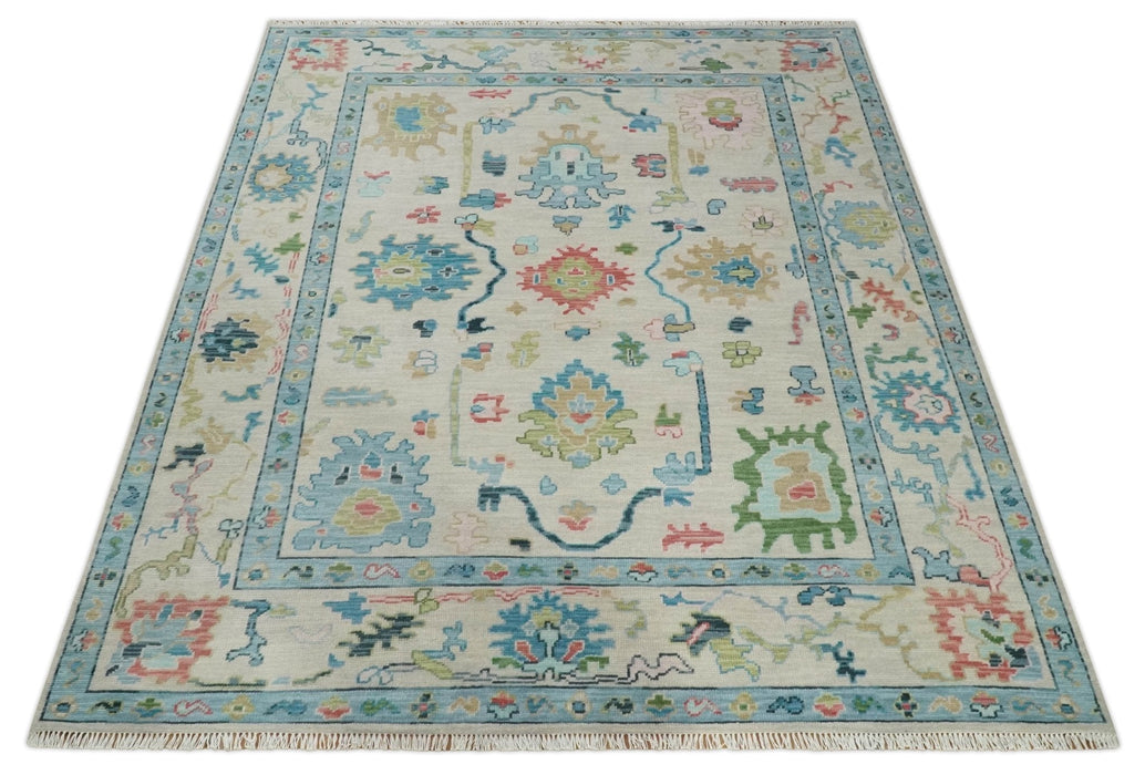 Vibrant Colorful Ivory and Aqua Hand Knotted Traditional Oushak Multi Size Wool Area Rug, Living Room Rug