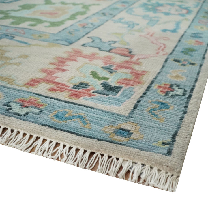 Vibrant Colorful Ivory and Aqua Hand Knotted Traditional Oushak Multi Size Wool Area Rug, Living Room Rug
