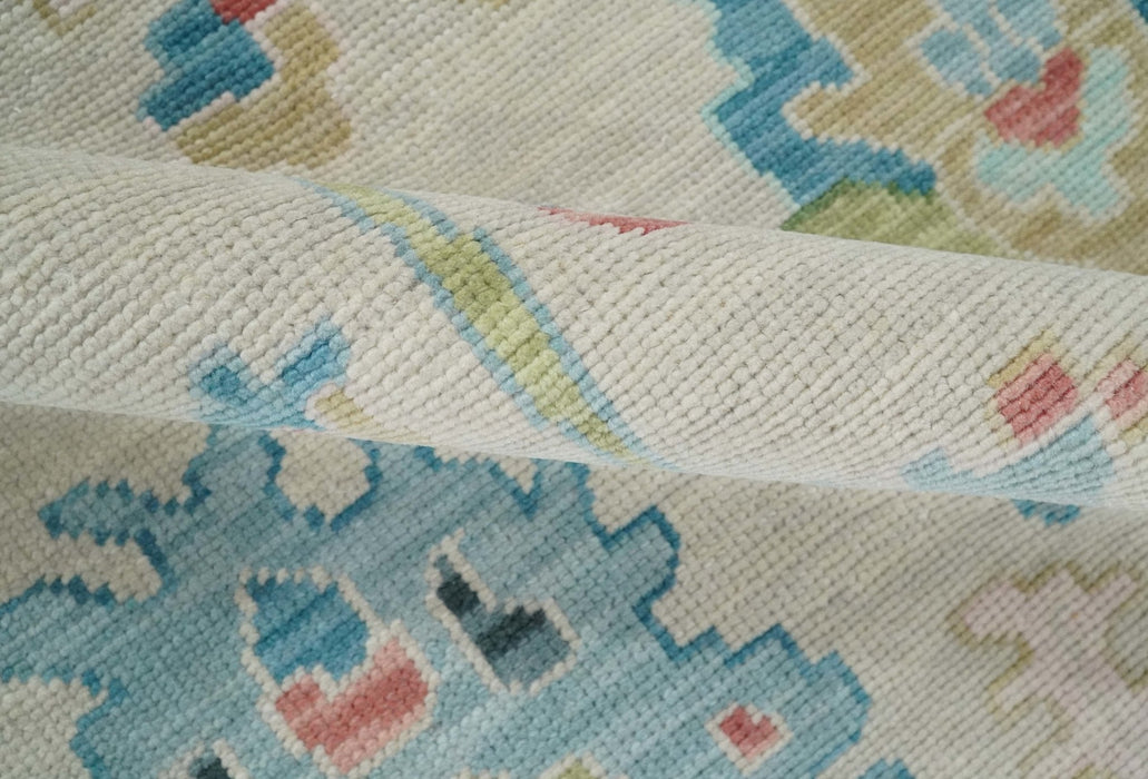 Vibrant Colorful Ivory and Aqua Hand Knotted Traditional Oushak Multi Size Wool Area Rug, Living Room Rug